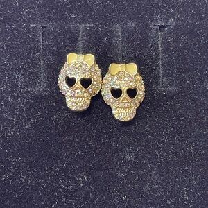 Betsey Johnson Gold Skull Earrings with Pink Crystals